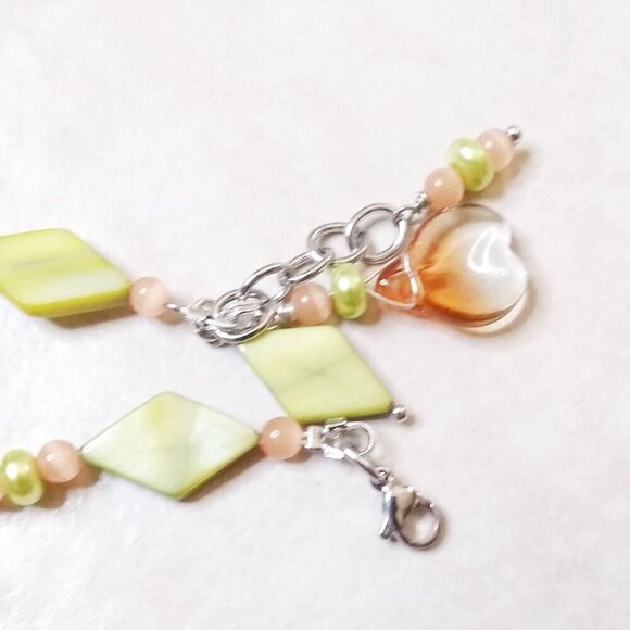 Charteuse & Apricot! Beaded Bracelet: Shell Crystal CatsEye Faux Pearls FOR 7-8" - Picture 9 of 12